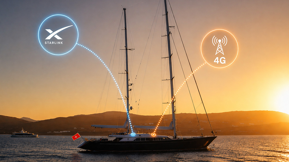 From the Mediterranean to Miami SY Burrasca Never Loses Signal Thanks to comBOX yacht sailing at sunset with satellite and 4G connection icons above