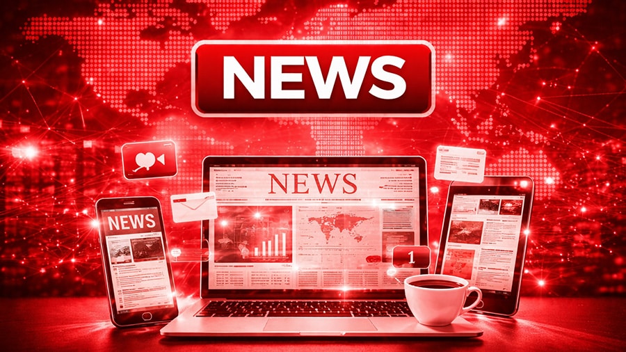 News digital display on laptop and mobile devices with global map background and communication icons